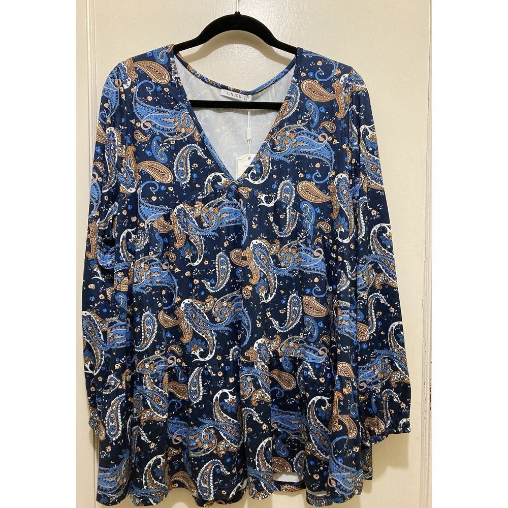 Lin Jou Womens Top Size 1X V-Neck Babydoll Peasant Blue Paisley Boho Office